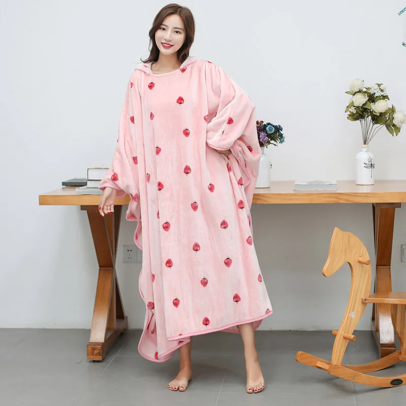 Multi-functional Flannel blanket with Sleeves solid color can be worn hood Warm in autumn and winter pink brown | Дом и сад
