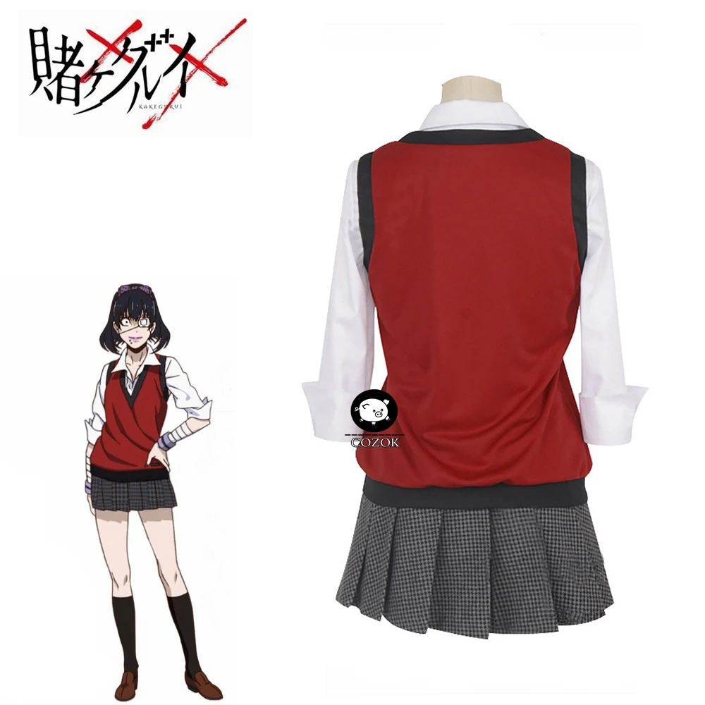 

Anime Kakegurui Midari Ikishima Cosplay Wigs Costumes School Girls Uniforms Vest Dress With Eye Mask&Socks