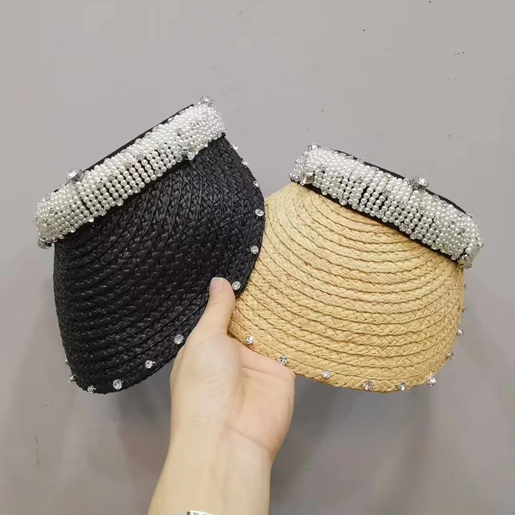 

Sun Protection Hat Popular Celebrity Hand Sewn Pearl Diamond Lafite Grass Hollow Top Hairband Hat Baseball Hat Fashion