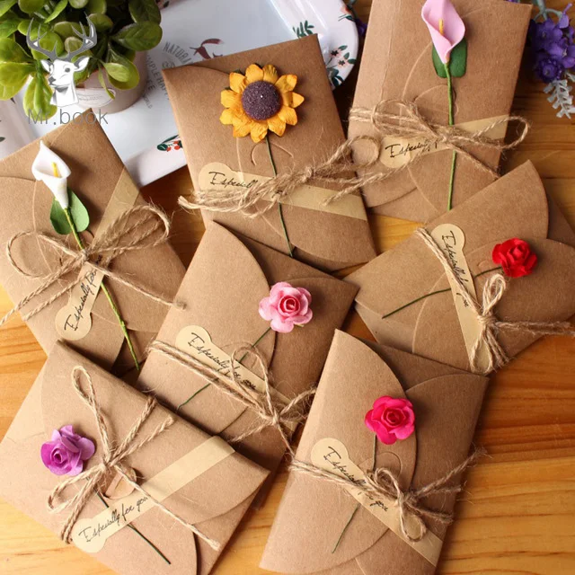10 шт. ретро DIY крафт-бумага Пригласительные открытки с конвертом ручной работы сухой цветок свадебные приглашения конверты