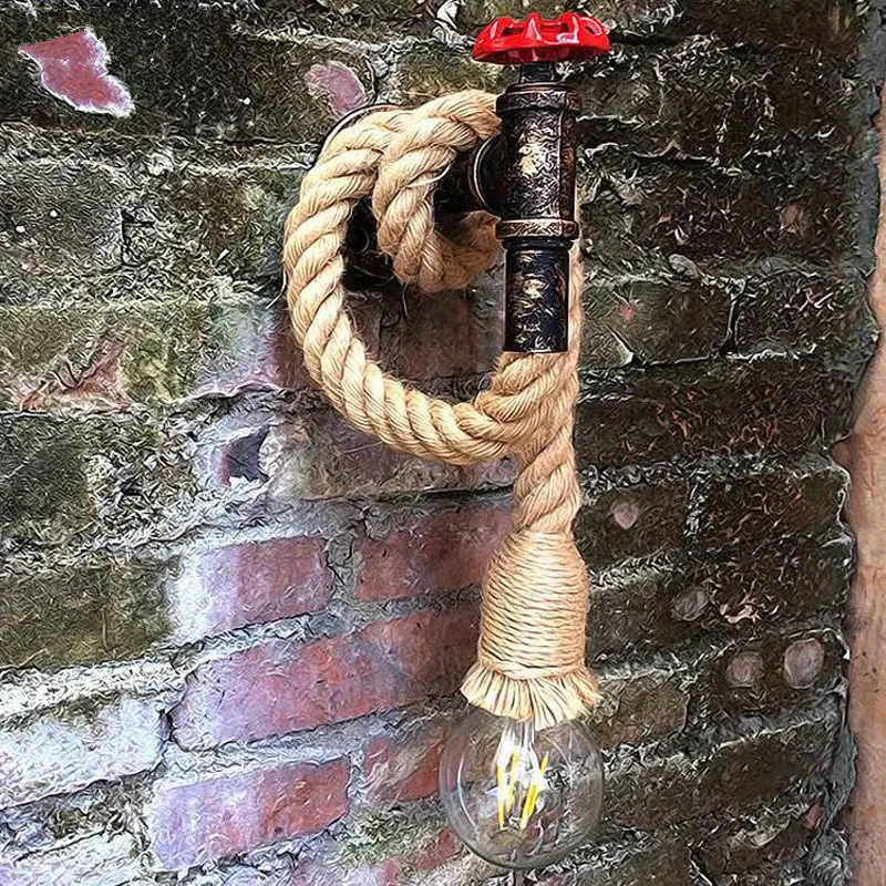 

Vintage Wall light Water pipe Hemp rope wall lamp E27 Retro iron wandlamp For indoor Decor antique light fixture bedroom lamp