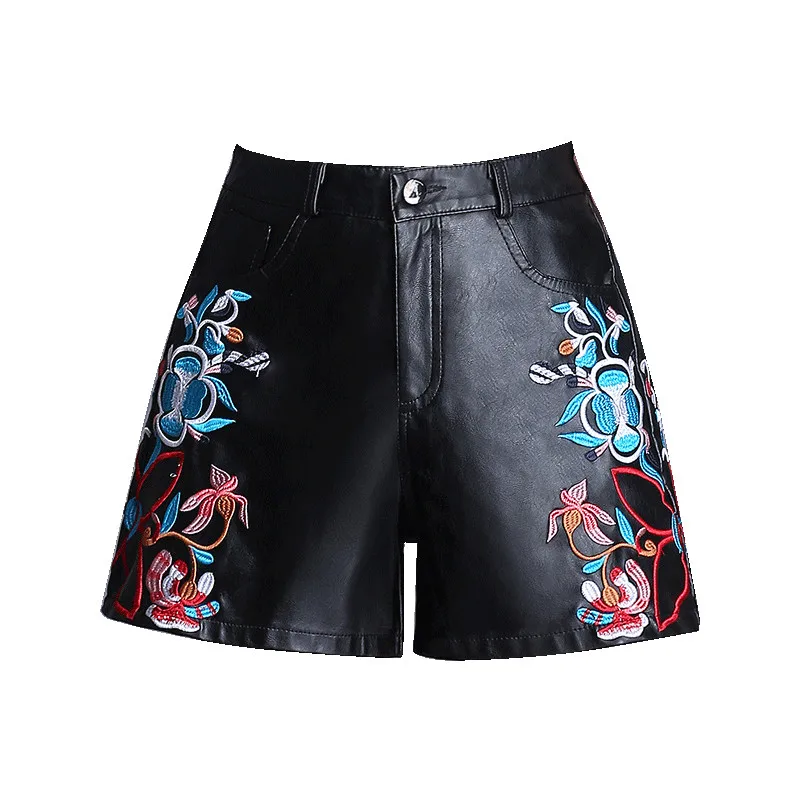 Женские осенне зимние шорты из искусственной кожи с цветочной вышивкой и высокой