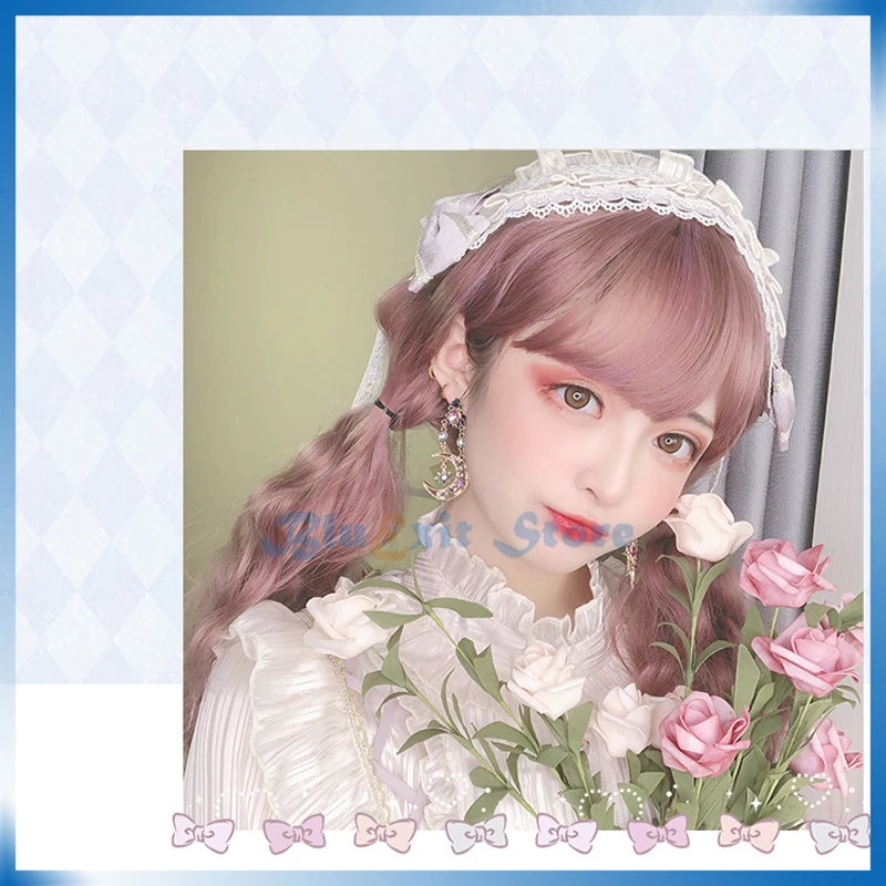 Lolita Harajuku Wig Cosplay Pink Sweet Cute Long Curly Wave Synthetic Hair Adult Girls Headwear | Facial