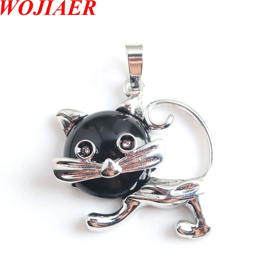 

WOJIAER Natural Black Agate Stone Necklace & Pendants for Women Girl Cute Cat Shape Beads Reiki Jewelry Chain 18 Inches N8012