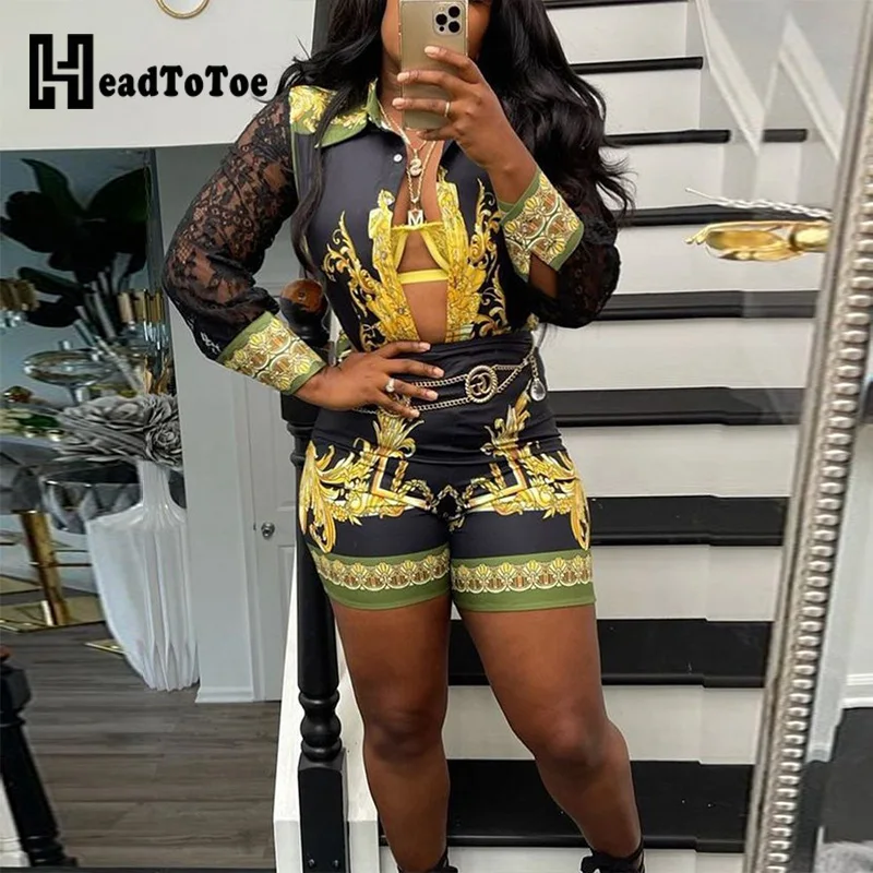 

Scarf Print Contrast Lace Button Up Top & Shorts Set Women Two Piece Set Outfits
