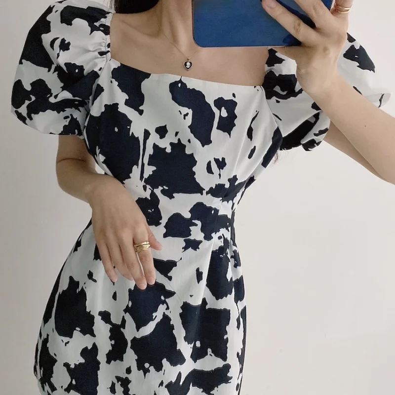 

KUSAHIKI Elegant Square Collar Woman Dress Korean Printing Slim Waist Vestidos Femme 2021 Summer New Puff Sleeve Dresses 6H346