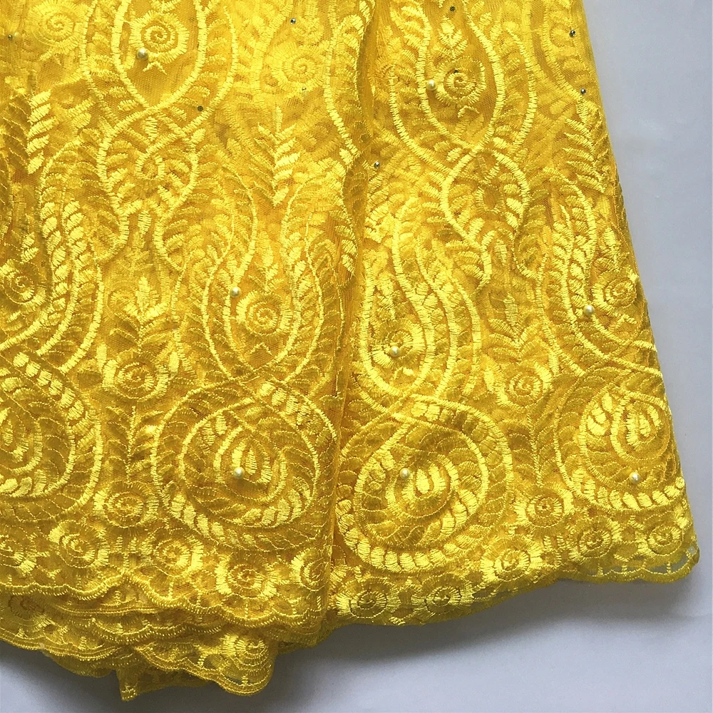 Желтая вышивка Анна французская сетчатая кружевная ткань с камнями и бусинами 5