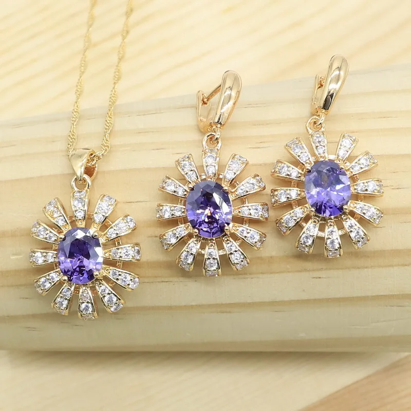 Классический роскошный золотой цвет набор украшений для женщин фиолетовое