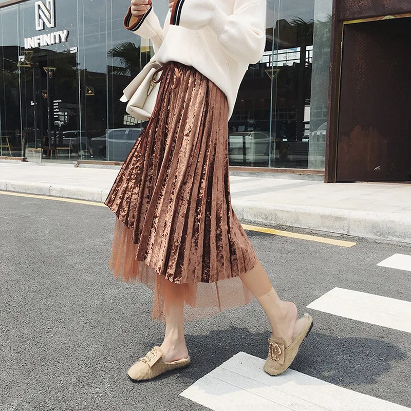 Газовая Лоскутная Золотая Бархатная юбка новые женские зимние плиссированные