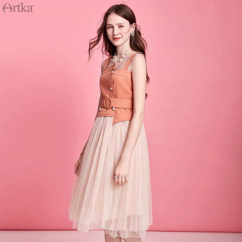 Женское платье на тонких бретельках ARTKA розовое длинное Сетчатое составного кроя