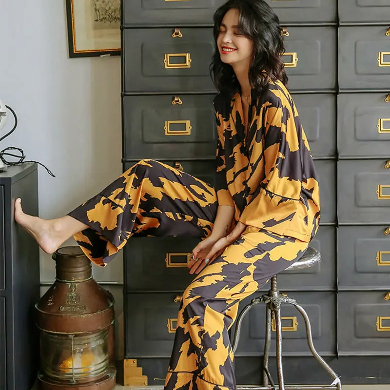 QWEEK Satin Women's Pajamas Silk Sleepwear Autumn Pijama Animal Print Female Set Woman 2 Pieces Leopard Pyjamas Goth Loungewear