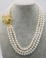 natural 3rows freshwater white pearl 7 8mm pearls 18 20 with zircon clasp necklace