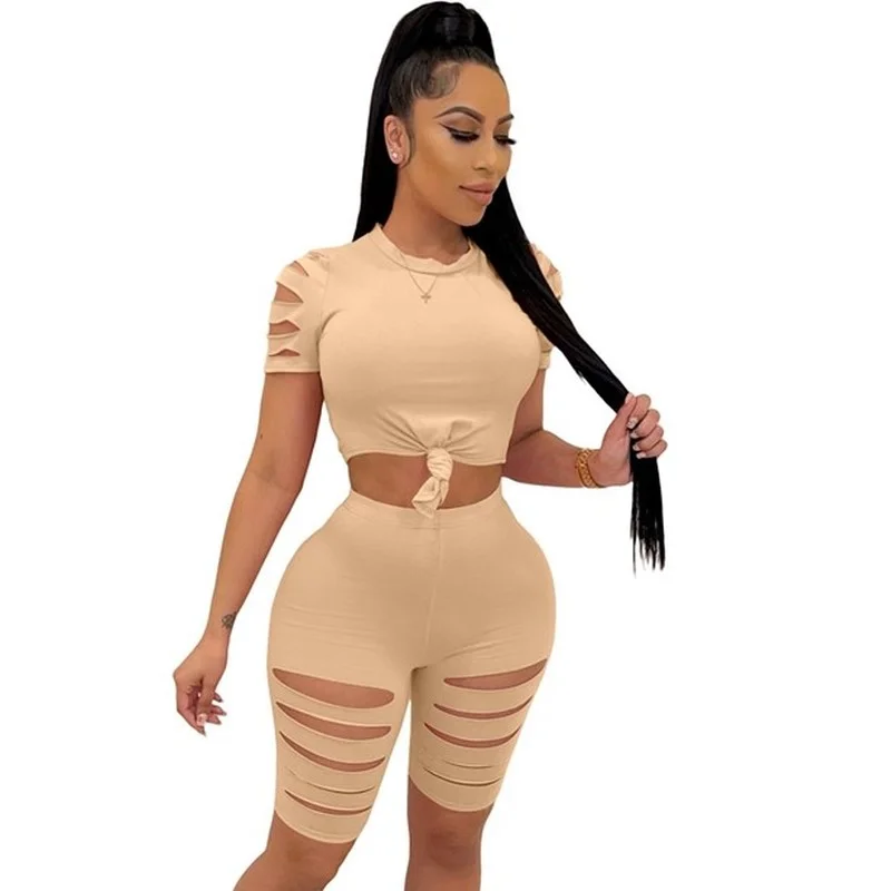 

Summer Ripped Short Tracksuit Women Short Sleeve Crop Top and Biker Shorts Set Sportwear Slim Bodycon 2 Piece Sets Womes Outfits
