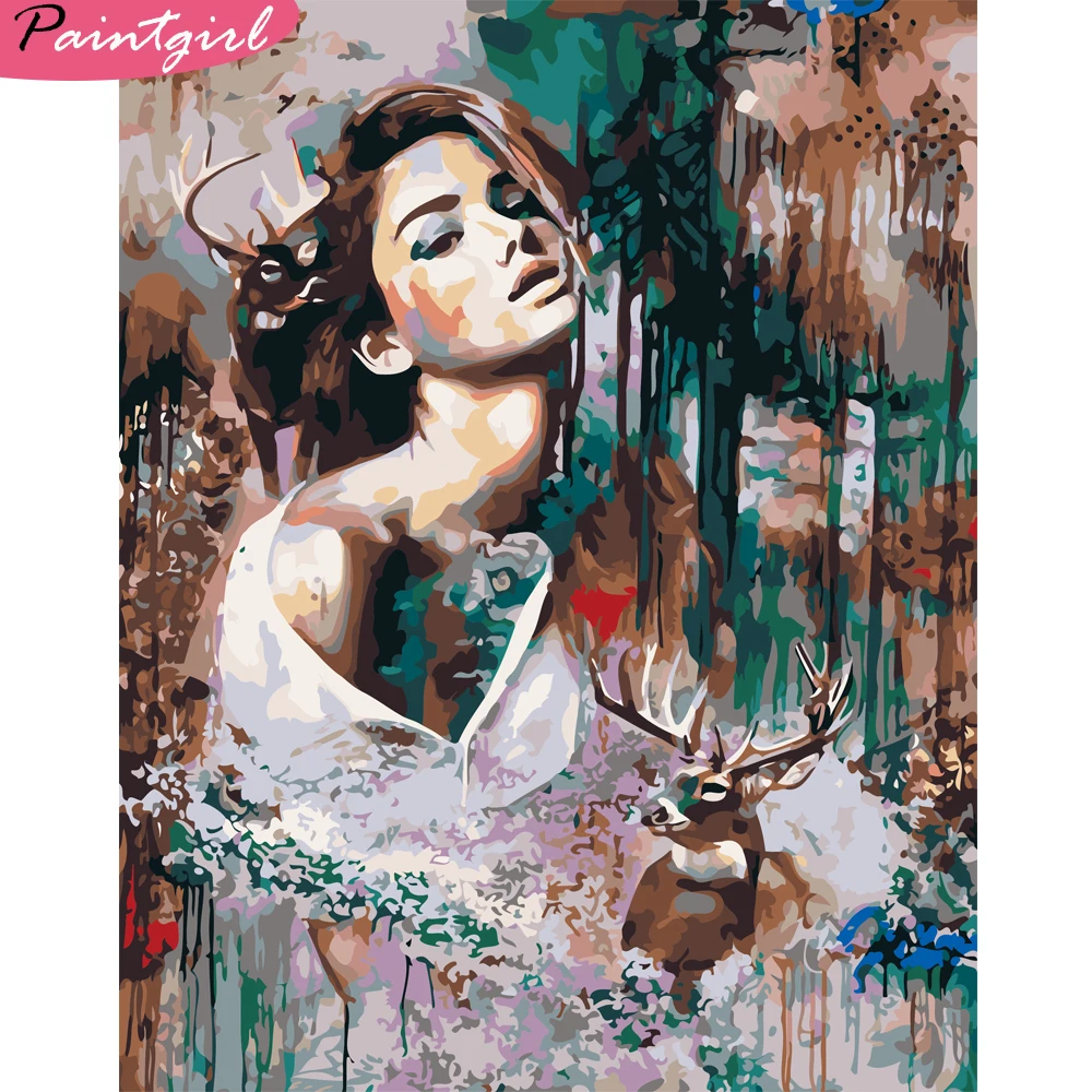 Картина маслом по номерам олень и девушка DIY Ручная роспись настенные картины