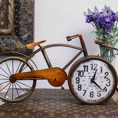

Retro Simple Household Desk Clock European Creative Metal Bicycle Type Table Clock Living Room Study Room Old Furniture Gift