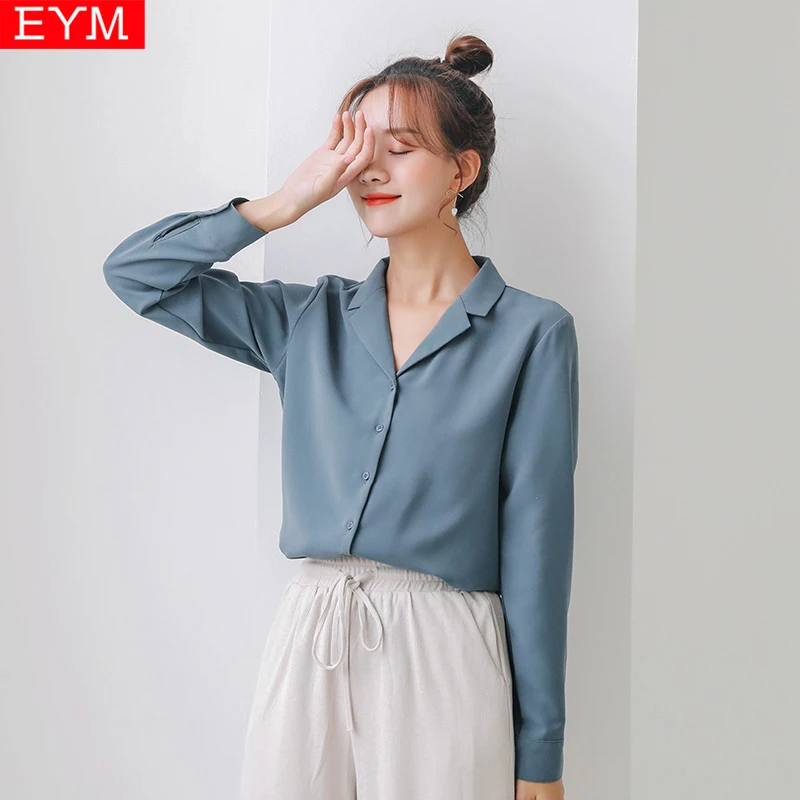 

2021 New Fashion Women Fresh Suit Collar Chiffon Shirt and Tops Woman Notched Design Solid Colors Long Sleeve Blouse Shirts