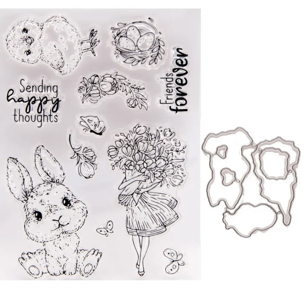 

Easter Bunny Chicken Metal Cutting Dies and Clear Stamps Stencil for Scrapbooking Craft Die Cut for Card Making Stamp and Dies