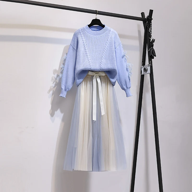 

blue Bow knit long sleeve sweaters and elastic high waist ruched mesh long skirts women sweet autumn winter korean sweet sets