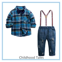 spring and autumn childrens fashion suspenders suit boys plaid long sleeved shirt denim trousers pants two piece suit