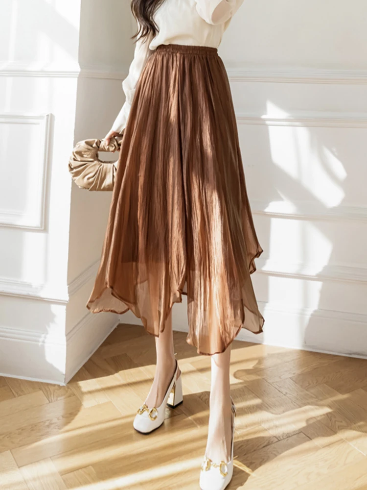 

TIGENA Irregular Hem Folds Tulle Skirt Women 2022 Spring Korean Fashion Elegant A Line High Waist Mesh Midi Long Skirt Female