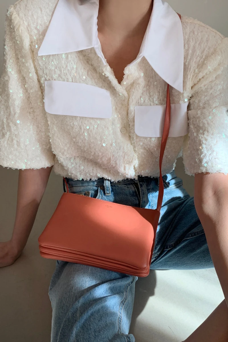 

ZCSMLL green tops Korea chic spring lapel stitching single-breasted blouse loose heavy sequin design short-sleeved shirt women