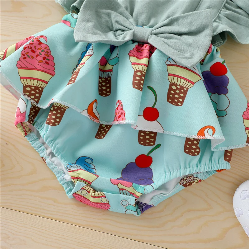 

0-24Months 2Pcs Baby Girls Summer Cotton Clothes Sets,Toddler Girls Ice Cream Print Square Neck Ruffled-Sleeve Romper+Hairband
