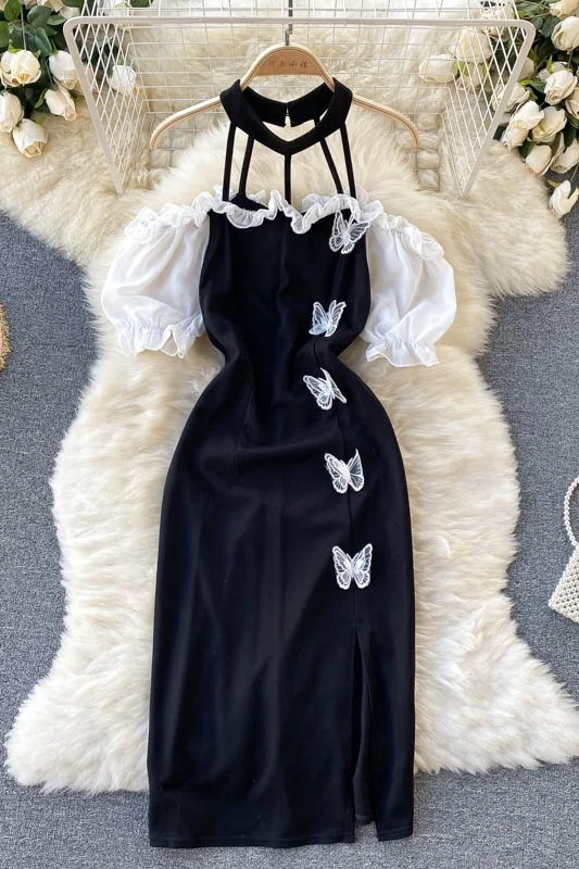 

Women Summer Vintage Neck-mounted Party Dress Female Puff Sleeve Split Midi Dress Ladies Black Elegant Dress Vestidos