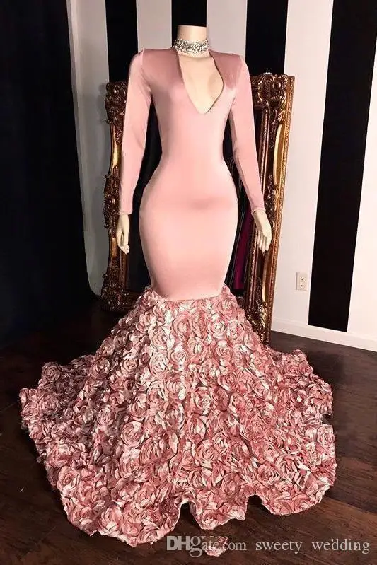 

Peach Pink Mermaid Long Prom Dresses 2021 V-neck Long Sleeves Satin 3D Floral Sweep Train Formal Party Evening Gowns