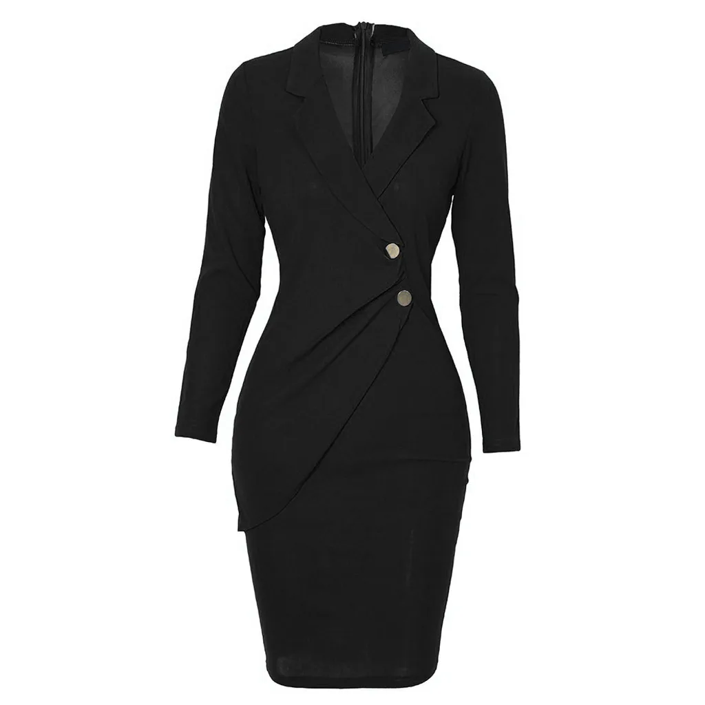 

Mini Dress Women Solid Color Neck Long Sleeve Dress Lapel Button Bag Hip Casual Work Dresses vestido de mulher femme robe