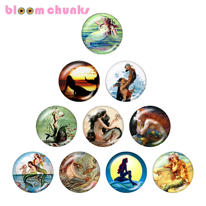 

Mermaid girls 10pcs mixed 12mm/18mm/20mm/25mm Round photo glass cabochon demo flat back Making findings S4984