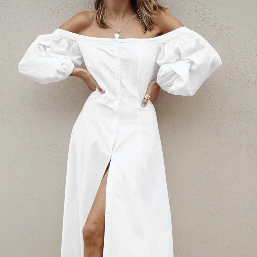 

Women Vintage Off the Shoulder A-line Dress Half Sleeve Front Button White Color Casual Party Dress 2021 Summer Fashion Dress