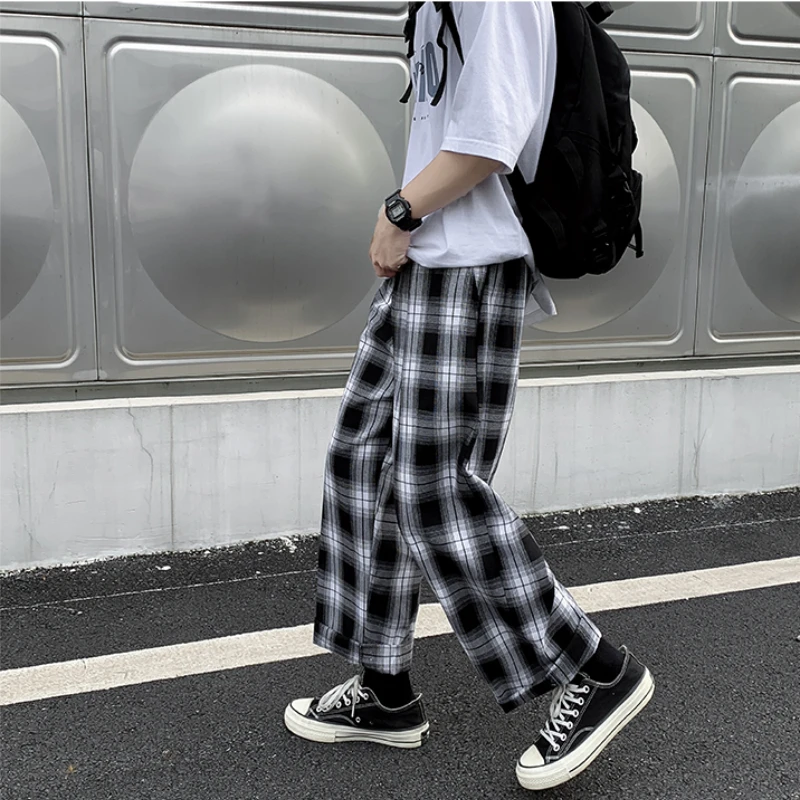 Elastic Waist Fashion Trousers Streetwear Harajuku Korean Retro Ins Men Casual Pants Plaid Ankle Length Loose Wide Leg All-Match