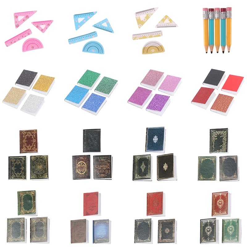 

1:12 Dollhouse Miniature Books Ruler Pencil Pen Holder Set Doll Home School Supplies