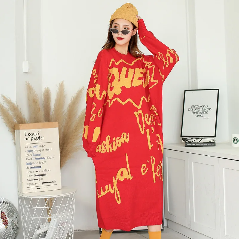 Vefadisa Letter Printed Sweater Dress Woman 2019 Red Winter Thick Long Sleeve Pullovers Knitting QYF1209 | Женская одежда