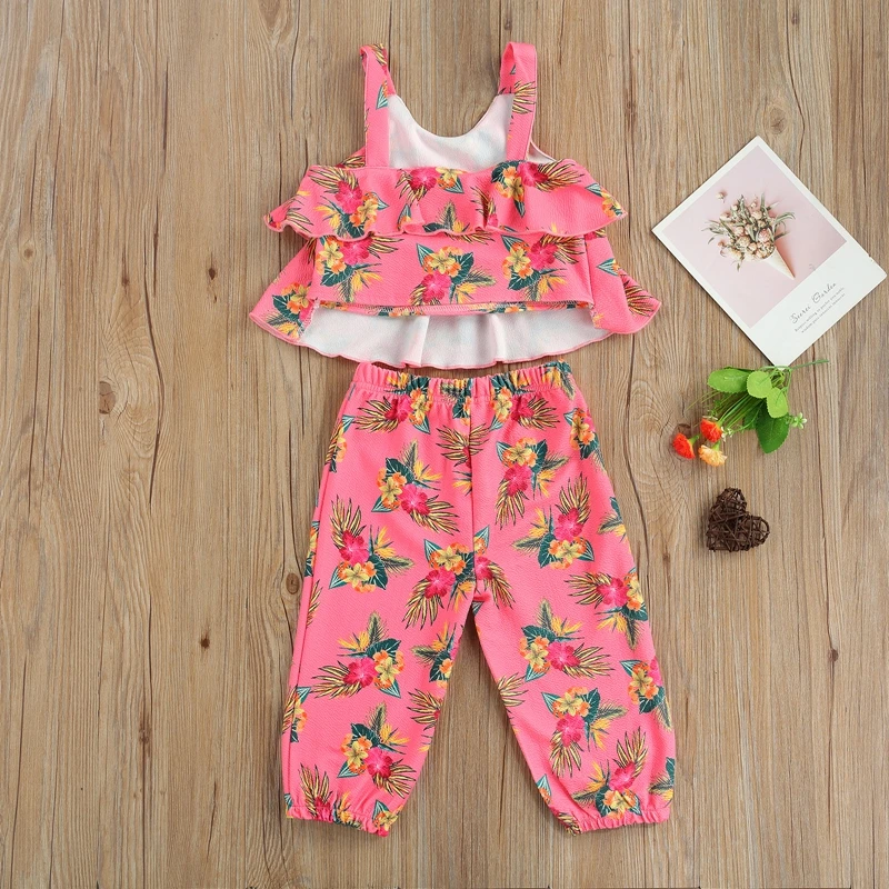 

Sweet Girls Summer Camisole Trousers Suit Fresh Flower Ruffles Suspender Tops and Loose Long Pants Summer Clothing Set