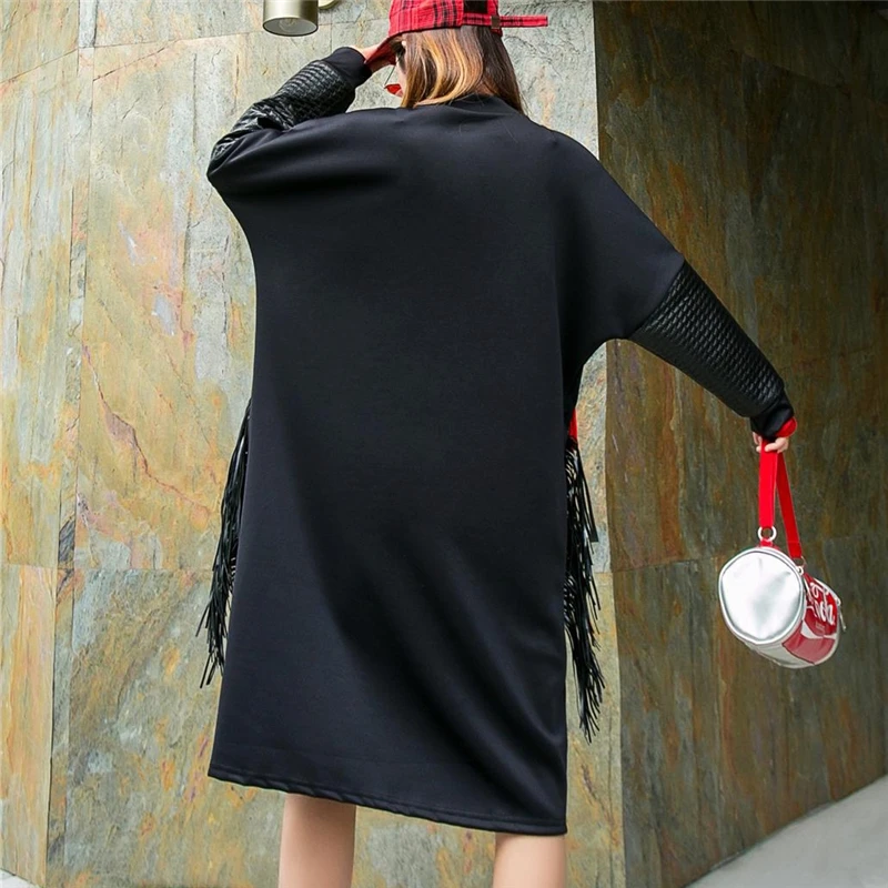 

QING MO Black Cartoon Print Sweatshirt Dress Women 2021 Spring Autumn Patchwork Long Sleeve Dress Tassel Pullover Dress QYF210A