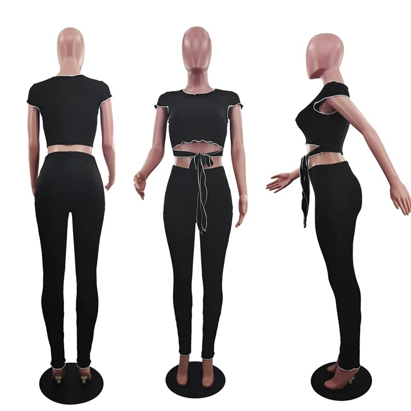 

Bandage Ribbed Women 2 Piece Sets Short Sleeve Ruffles Club Party Outfits Slim Top and Pants Set