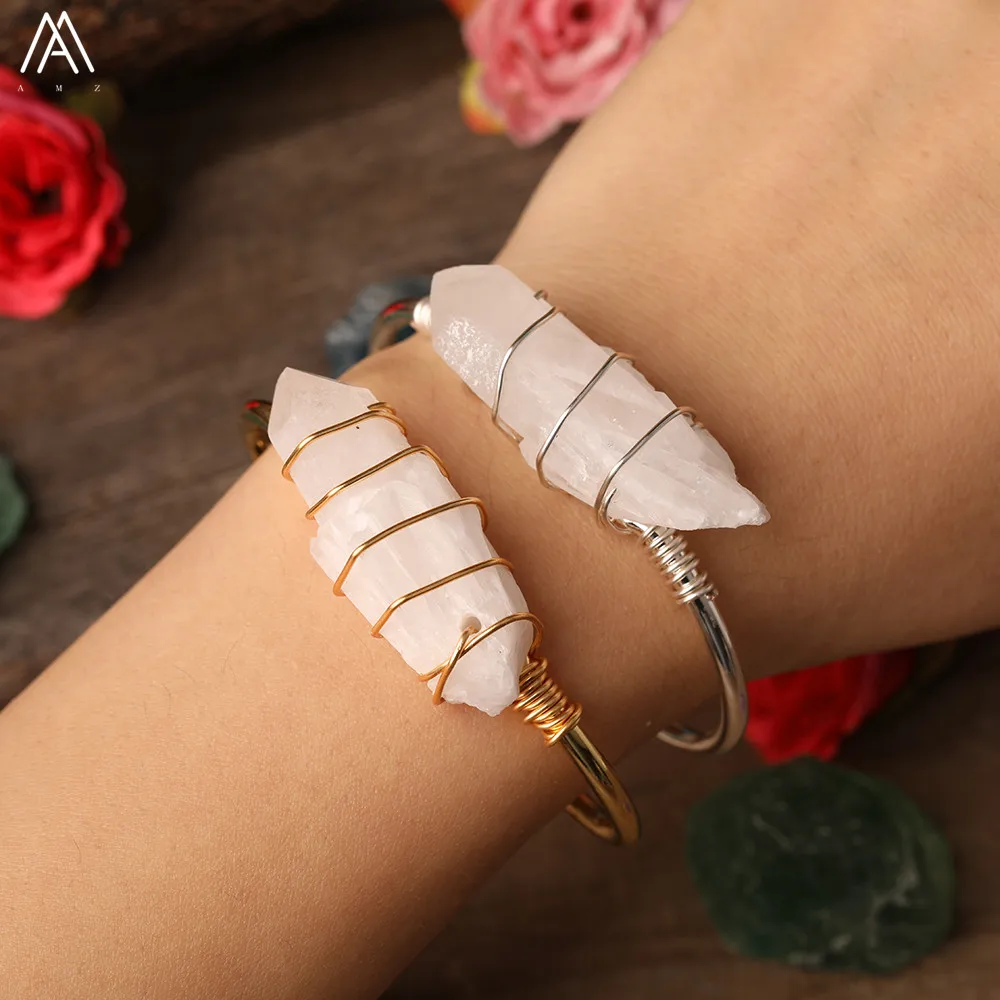 

Wire Wrapped Crystal Point Beads Cuff Bracelets For Women Natural White Quartz Crystal Beads Open Bangle Bracelet Jewelry Gift