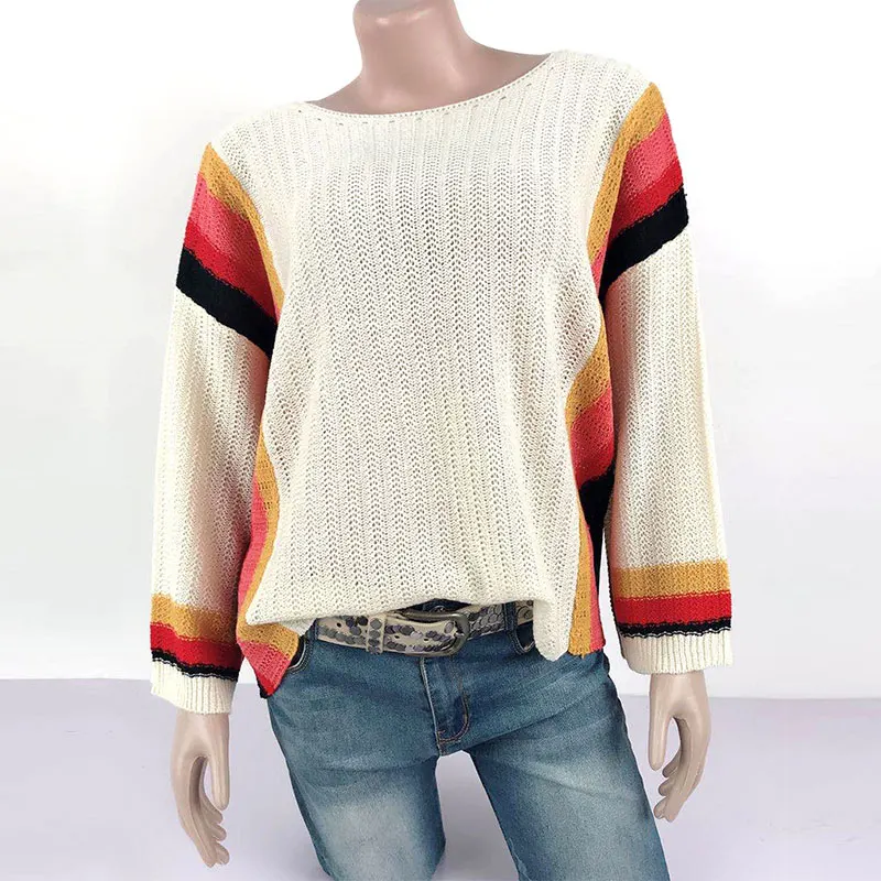 

2020 New Thin Contrast Color Striped Knitted Sweater Women Autumn Winter Loose Casual O-neck Full Sleeve Pullovers Sweater Top