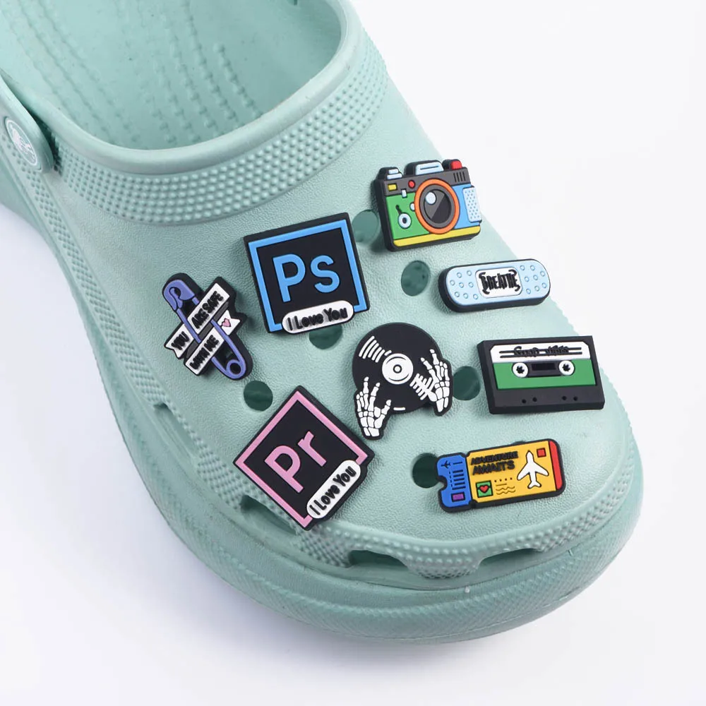 1 Pcs Music Croc Shoes Charms Camera Ticket Coffee Shoe Charm Accessories Cartoon Clog Shoes Musical Record Decoration Power Off