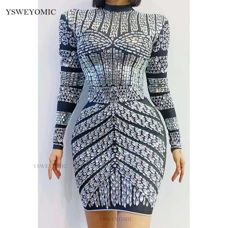 Блестящее Новое серебряное эластичное короткое платье стразы женское