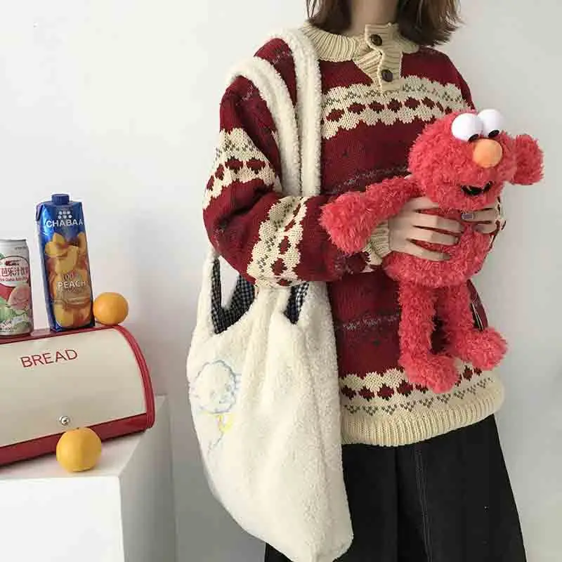 

Girl Simple Shoulder Bag Soft Fabrics Tote Bag Handbag Women Embroidery Lamb Bags Large Capacity Shopping Bags Cute Book Bag