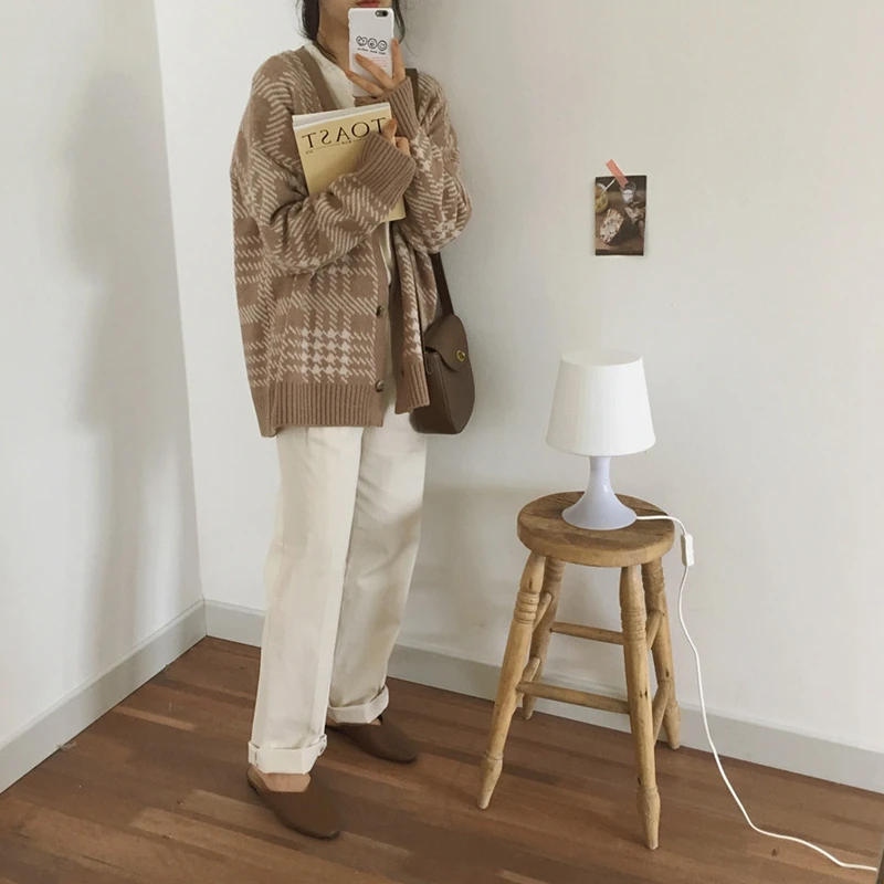 

Cardigan Sweater Women 's 2020 Youth Spring And Autumn Korean Style Solid Color and V-Neck Long Sleeve Knitted Plaid Casual Top