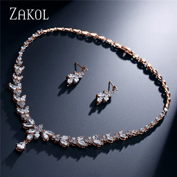 Rose Gold Color ZAKOL простой модный белый цвет AAA+ CZ циркония лист серьги ожерелье набор для женщин Свадебные Ювелирные наборы FSSP180 - Окраска металла: Rose Gold Color
