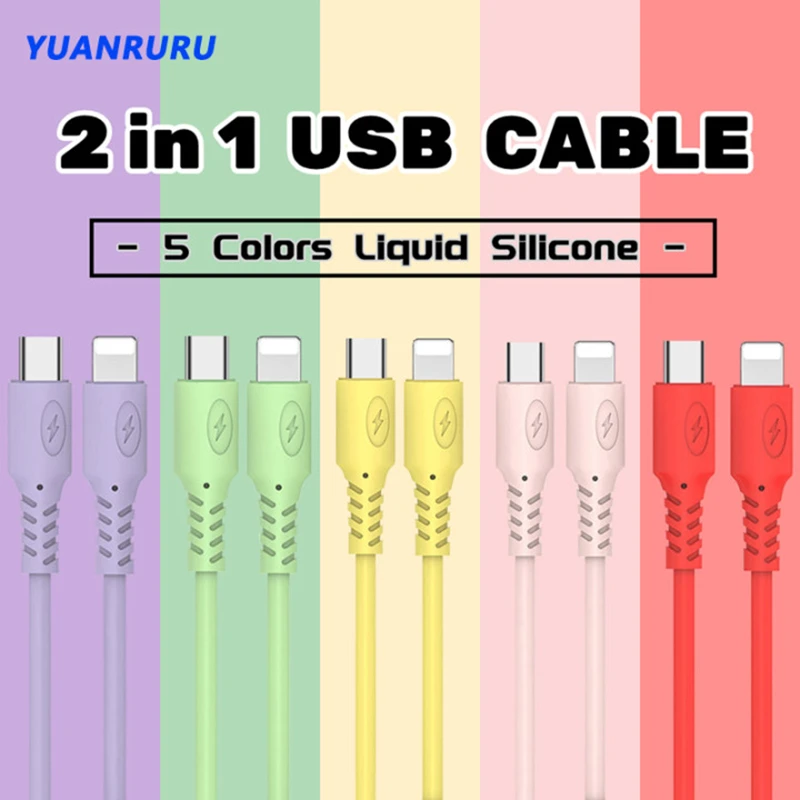 

2 in 1 USB Cable Type-C 8Pin Lighting Cable Quick Charge USB Wire Cord Fast Data Charging for iPhone 13 12 Liquid Silicone Cable