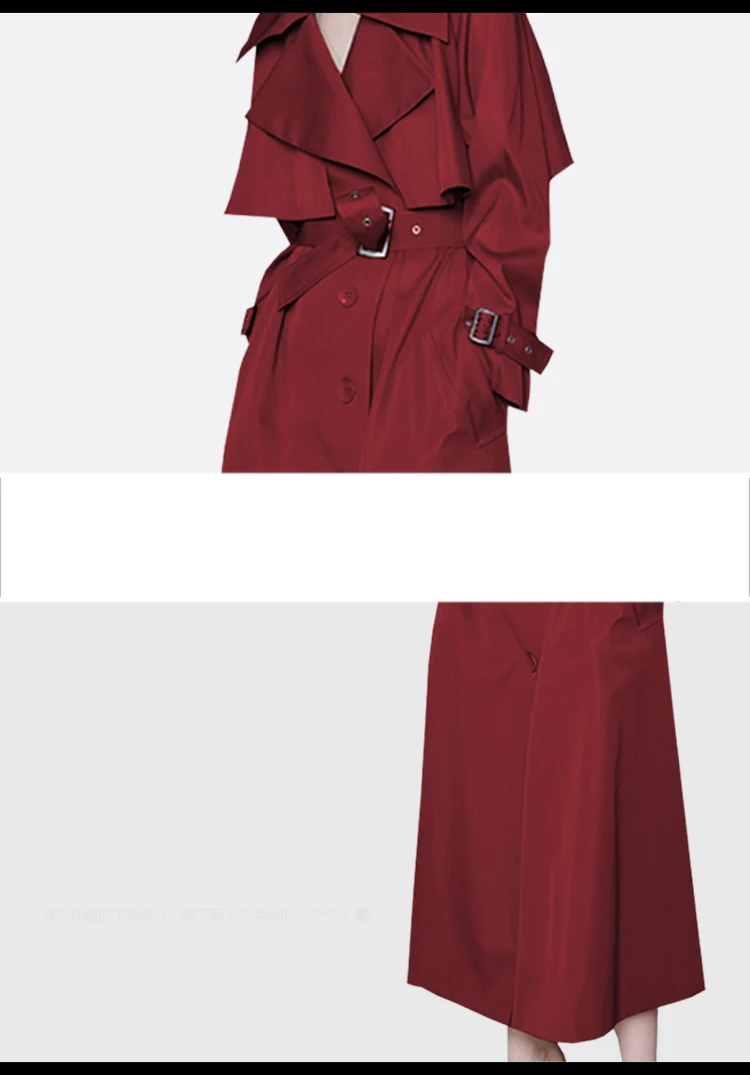 

JCHB 2021 Turn Down Collar Trench Coat Women Fashion Long Loose Coat Spring Autumn Wine Red Overcoat With Belt Outwear LX2642