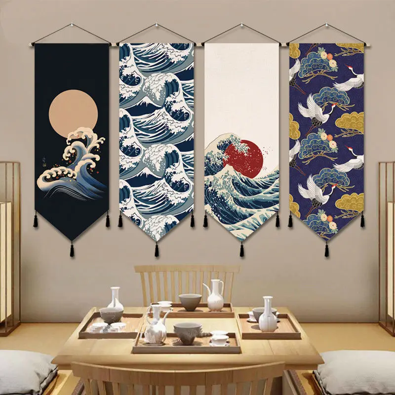 

Japanese Ukiyoe Wave Canvas Art Painting Wall Hanging Decor with Tassels Print Pictures Wall Art Living Room Home Decor