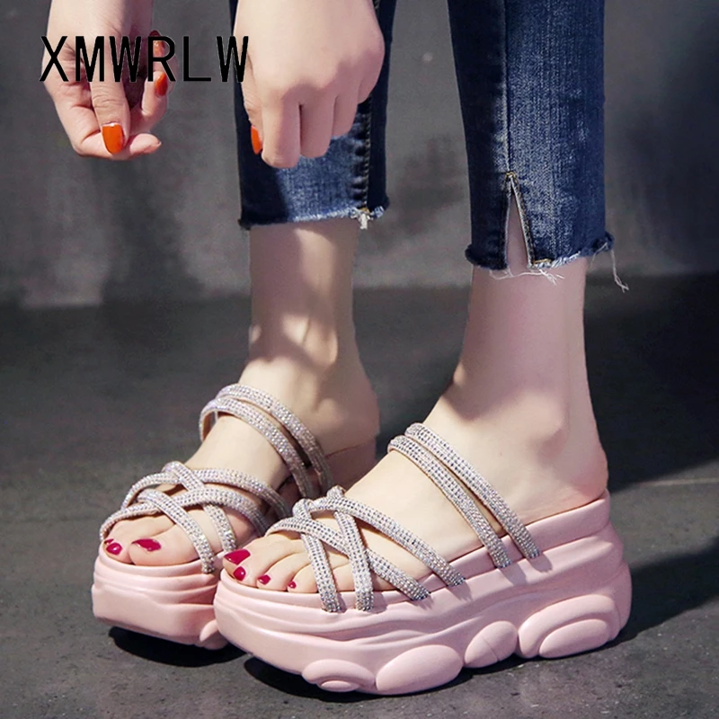 Шлепанцы женские XMWRLW летние однотонные на высоком каблуке стразы | Обувь