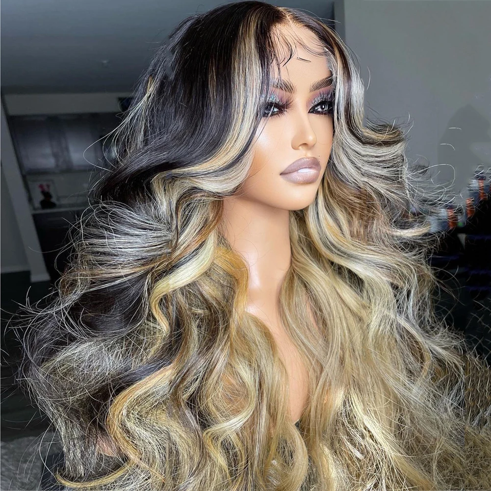 Ash Blonde Highlights Full Lace Wig for Women Black Roots Ombre Human Hair Wig Long Wavy 13x6 Lace Front Wig Pre Plucked 180%