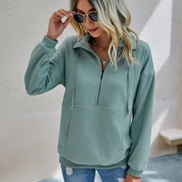 womens solid color half zip pocket hoodies stand up collar long sleeved pullover spring casual loose coat tops sweatshirt